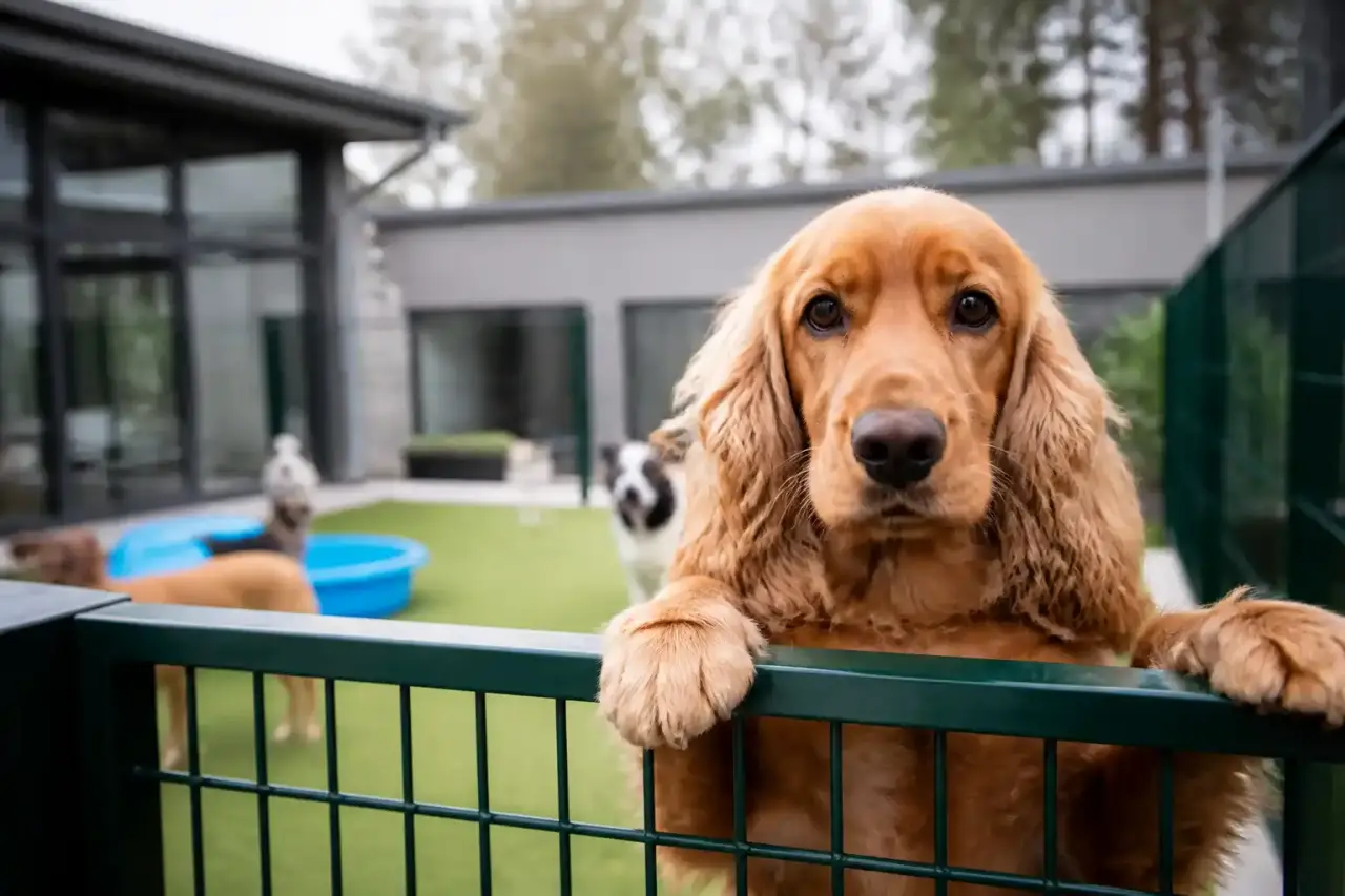 Illustration colorée d'animaux heureux dans un univers de pension canine rassurant