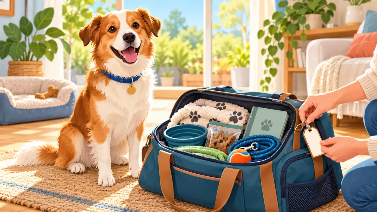 Chien prêt à partir avec son sac pour une garde