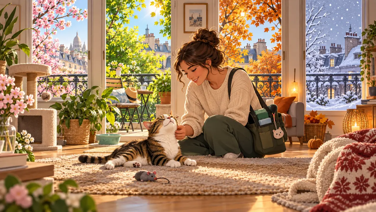 Chat confortablement installé près d'une fenêtre selon la saison