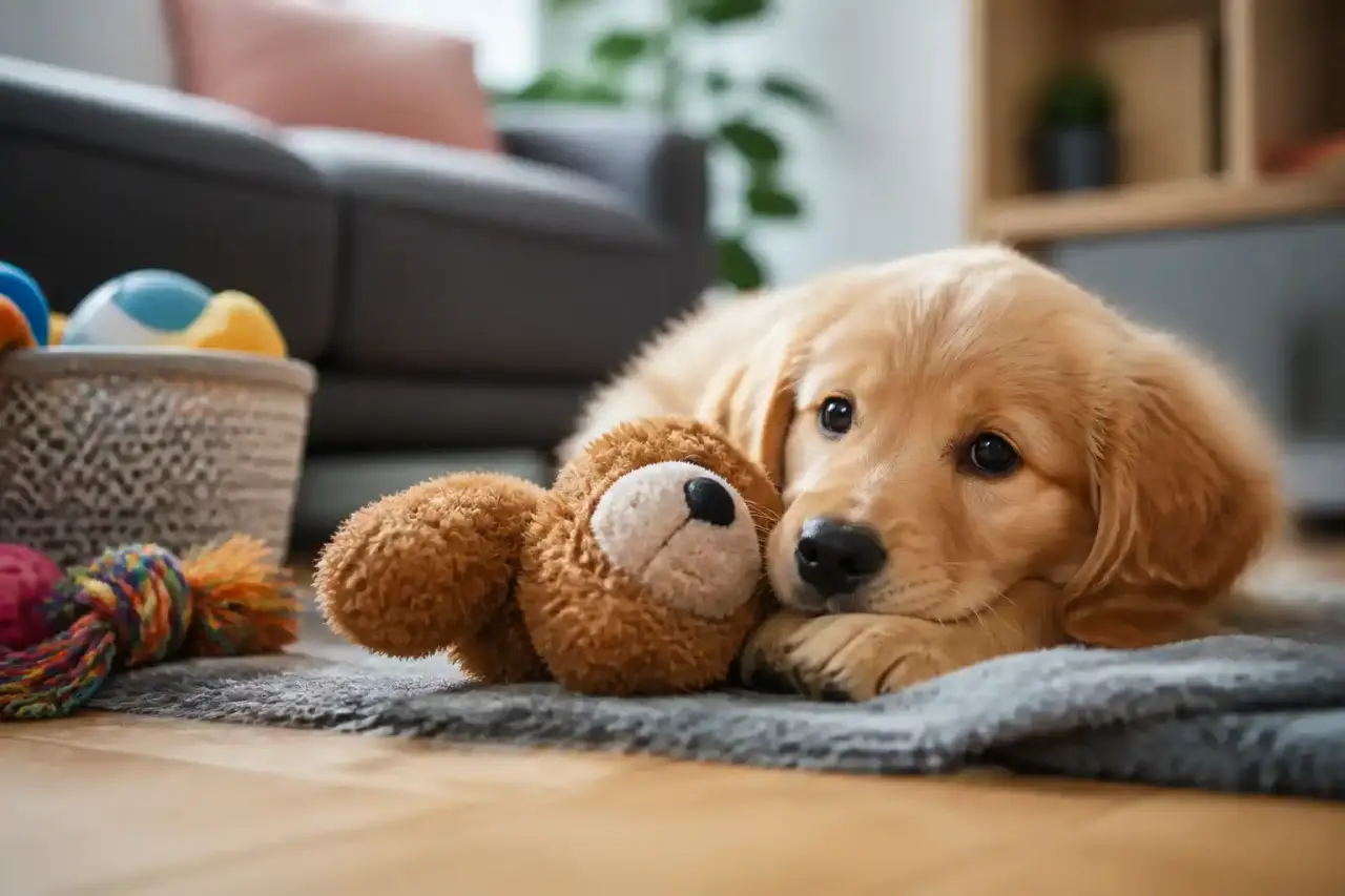 Chien heureux allongé à côté d'un carnet de budget et d'une gamelle colorée