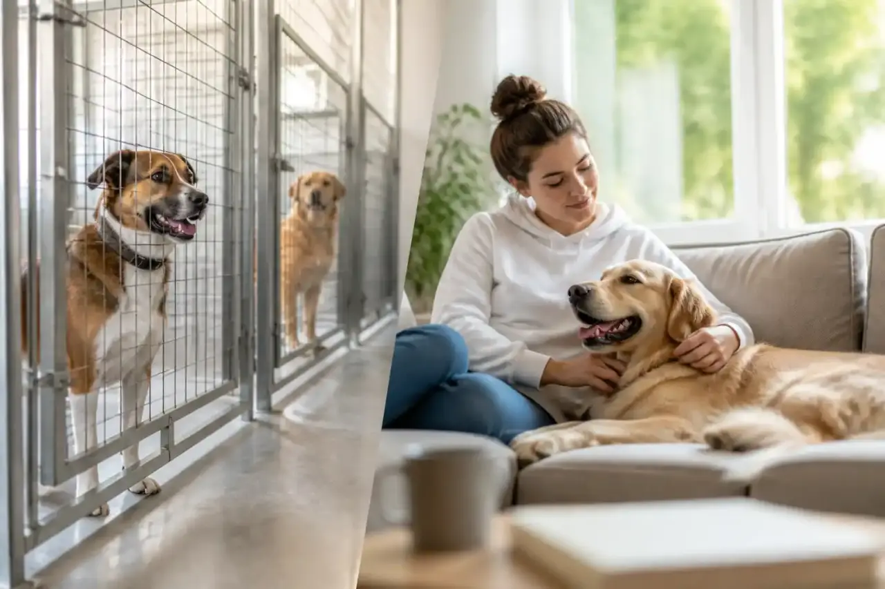 Illustration comparative entre pension canine et garde à domicile, avec un chien, un chat et des éléments de confort.