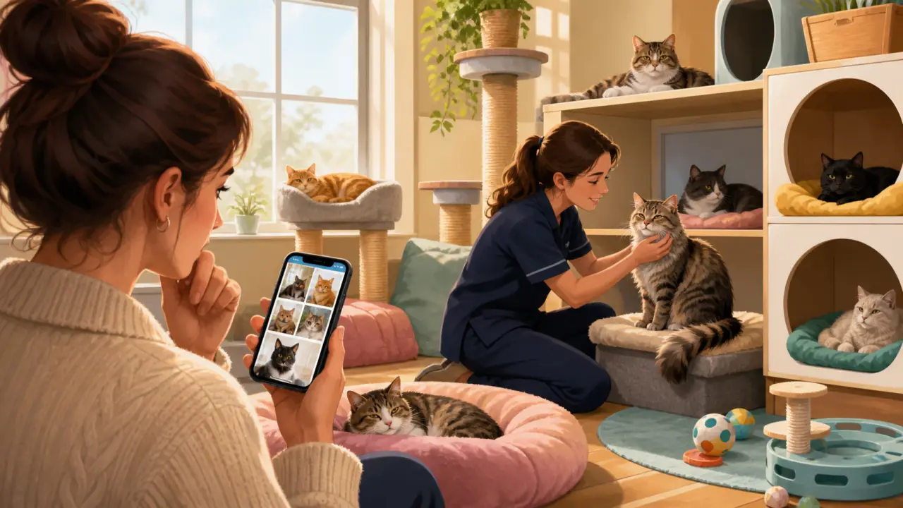 Illustration colorée d'un chat rassuré en pension, dans un univers doux et chaleureux