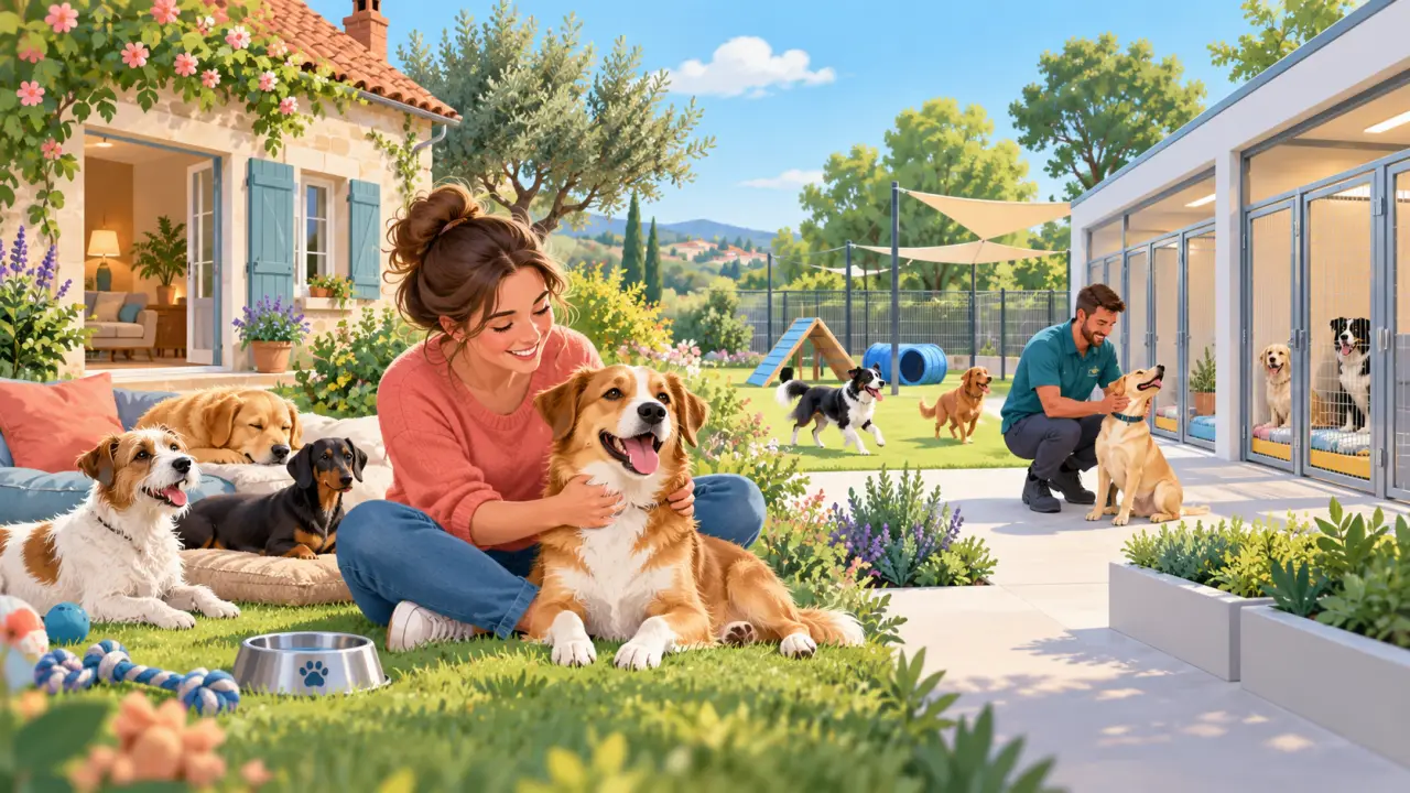 Chien heureux dans un environnement de garde adapté